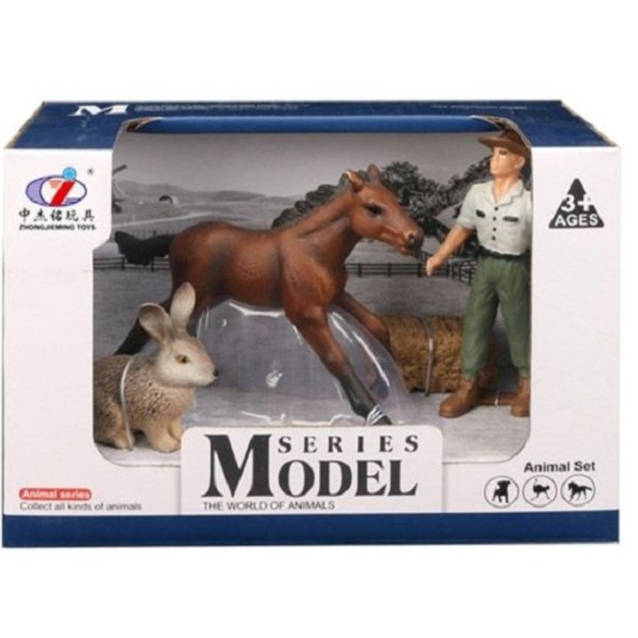 Set de figurine din plastic cu animale pentru copii, cal maro inchis si iepure cu fermier, 17x9x12 cm