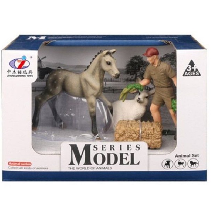 Set de figurine din plastic cu animale pentru copii, cal gri si oaie cu fermier, 17x9x12 cm