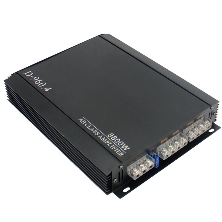 Amplificator auto profesional, Fever cu 4 canale, amplificator auto de mare putere cu 4 canale, 12V, modificare audio auto, amplificator subwoofer mono de mare putere 8800W pentru modificarea difuzoarelor auto, aluminiu, negru BIGLISTENING®