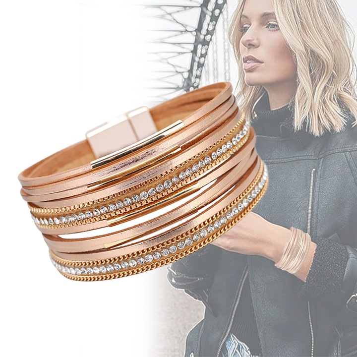 Bratara dama, Biglistening, piele multistrat, auriu, set