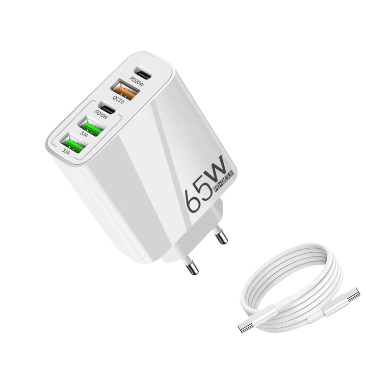 Incarcator Retea, Ronic X, 5 Porturi, 65W Fast Charge, 2 x Type-C, 3 x USB, Multiport Universal, Compatibil telefon, tableta, smartwatch, iPhone, Huawei, Samsun0g, Xiaomi, cablu date type-C inclus, Alb