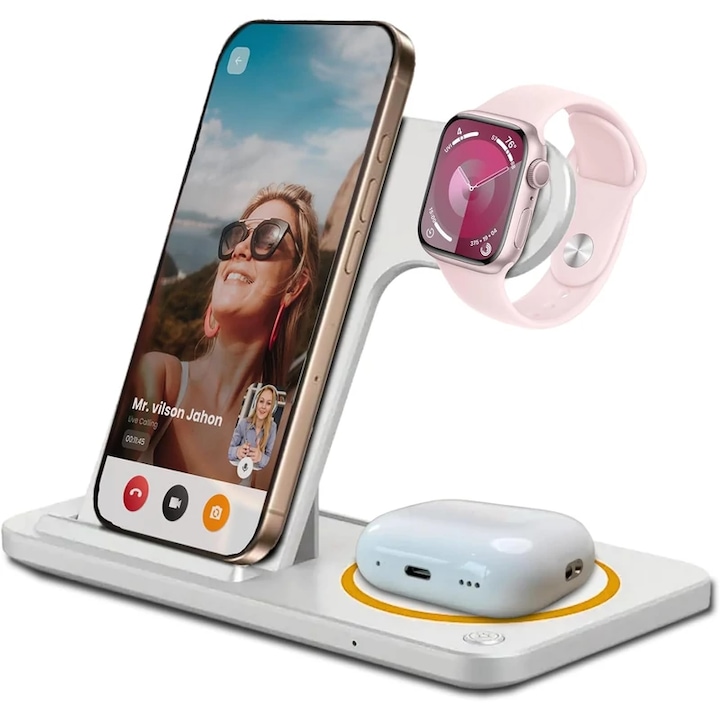 Incarcator wireless, Ven-Dens VD-WLC014, 3in1, 15W, Qi, Telefon/Ceas/Casti, Alb