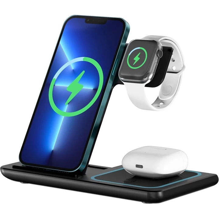 Incarcator wireless, Ven-Dens VD-WLC001, 3in1, 18W, Qi, Telefon/Ceas/Casti, Negru