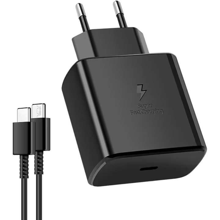 Prémium szupergyors töltő hálózati töltő gyorstöltő adapter 45W, 5A, PD 3.0, 1 méteres C típusú kábel, fekete, Samsung kompatibilis