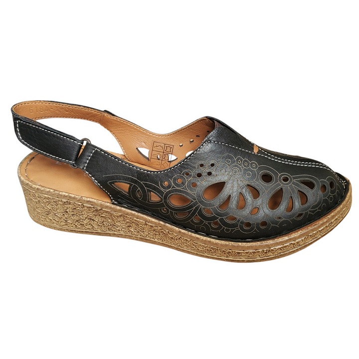 Sandale Dama Ortopedice Negre Dogati Din Piele Naturala Decupata Laser, Negru