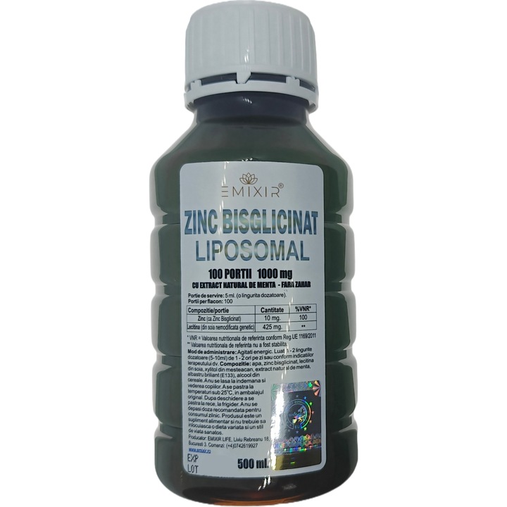 Zinc Bisglicinat lipozomal, 1000 mg, fara zahar, 100 portii, 500ml liposomal