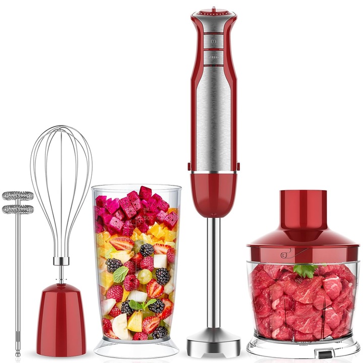 Вертикален миксер BUANIERT, 1000 W, 6 скорости, червен, комплект с чопър 500 мл и мерителна чаша 600 мл