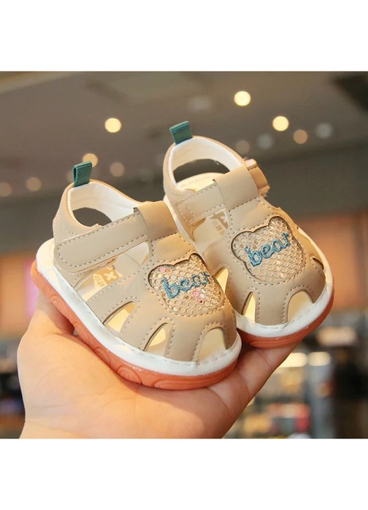 Sandale SuperBaby, Cu Piuitoare, Model Bear, Piele Ecologica, Velcro, Baieti, Crem, Crem