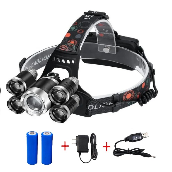 Акумулаторен челник HOZRO, 5 ултраярки светодиода, включване в контакта и автоматично зареждане, регулируема лента за глава, черен цвят