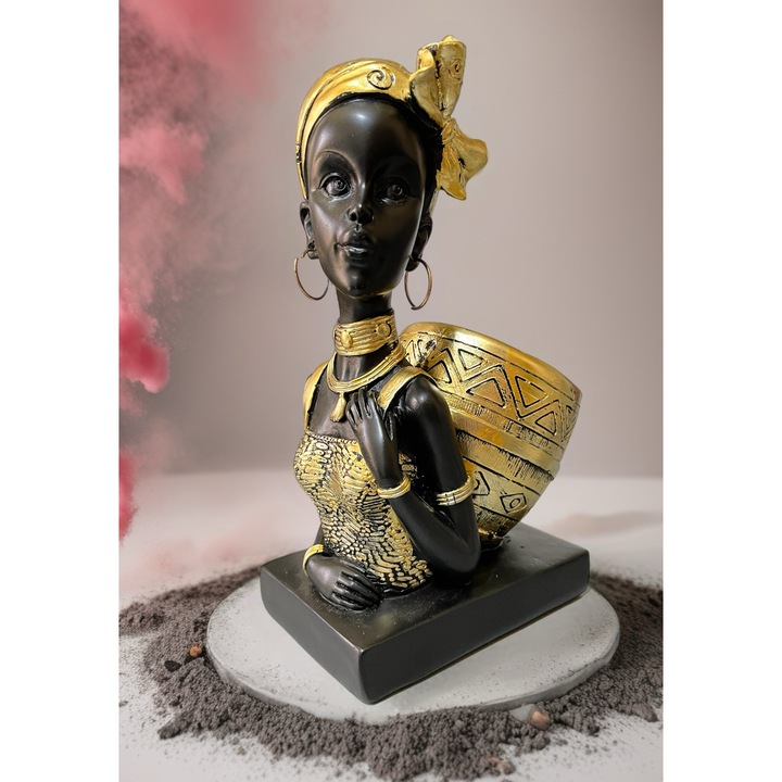 Statueta Decorativa, Femeie Africana cu Vas – Detalii Aurii, Stil Exotic, 24 cm, Bla Bla Foam
