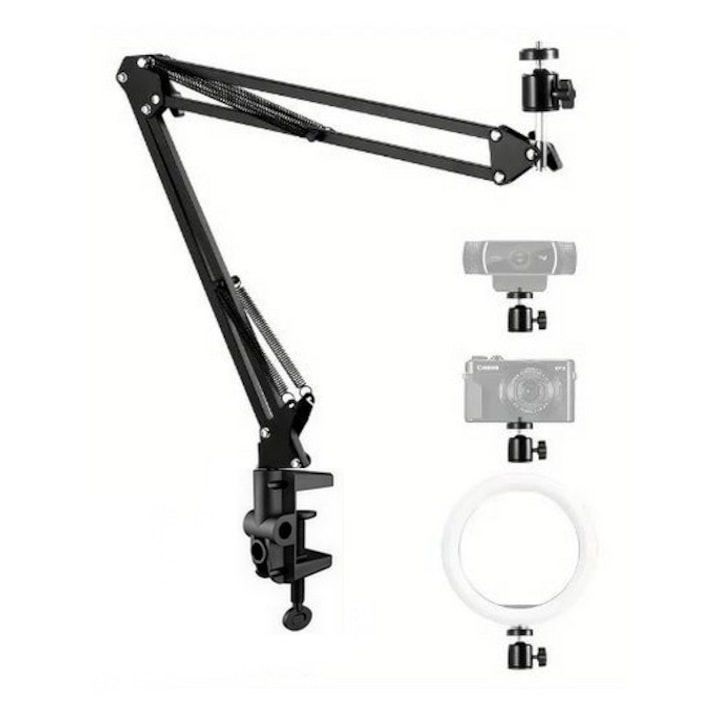 Suport brat SkyTechs® stativ boom cu adaptor cu cap sferic de 1/4" si baza rotativa 360 pentru webcam-uri, lumini de inel suport cu clema de montare pe masa 3-in-1 utilizare pe birou si langa pat