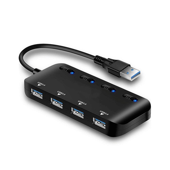 USB 3.0 хъб, GoldRays, 4 USB-A порта, черен, Plug and Play, 45.6g