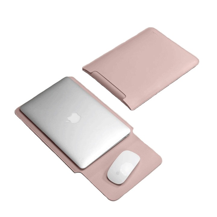 Husa pentru MacBook Pro/Air sau Laptop 13 Sleeve, roz, piele ecologica premium cu functie mouse pad