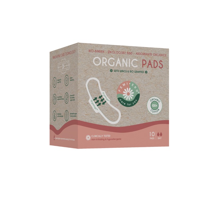 Absorbante din bumbac organic Femieko DryWings, 100% compostabil & biodegradabil, 2 picaturi, fara plastic, parfum sau clor, pH neutru, flux normal, 10 buc