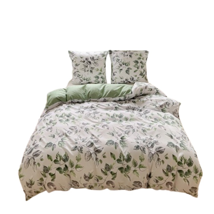 Lenjerie de pat, 140x200cm, bumbac satinat fata-verso, GierekHoff, gros, 2 parti, GH 3073, verde cu flori