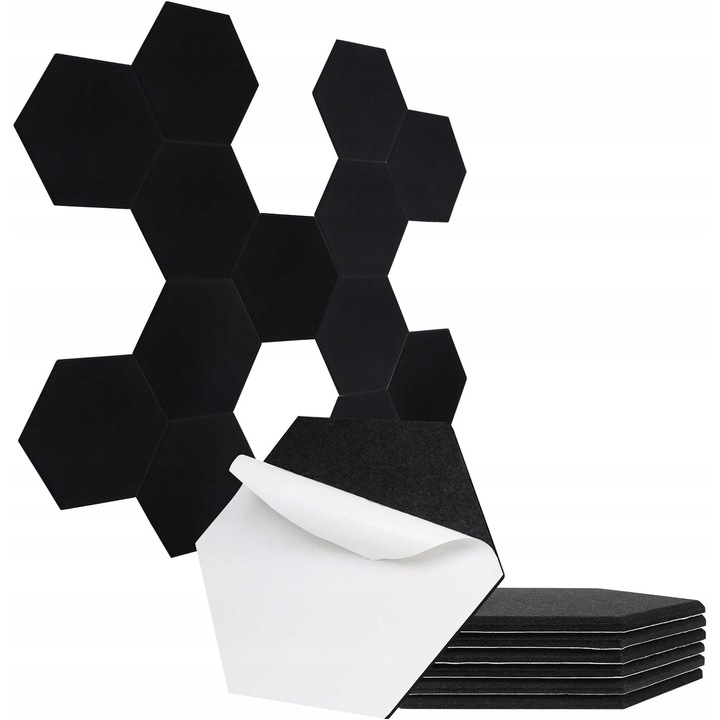 Set 12 panouri acustice autoadezive Hexagon, Luka 30x26x1cm, negre, densitate 230 kg/m3