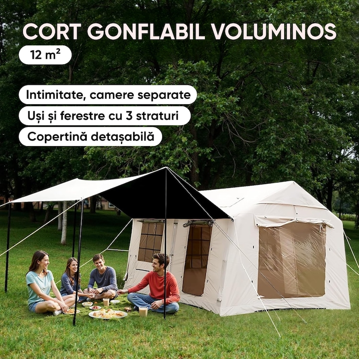 Cort Gonflabil PLEMORY®, 8-10 Persoane, Impermeabil, Material Rezistent, Cusaturi Tratate cu Silicon, Tip Casa 400x300x215 cm, Pompa Inclusa, Montare Usoara, Ideal pentru Camping si Evenimente, Foarte Rezistent la Vant, 10 Orificii de Aerisire, Bej