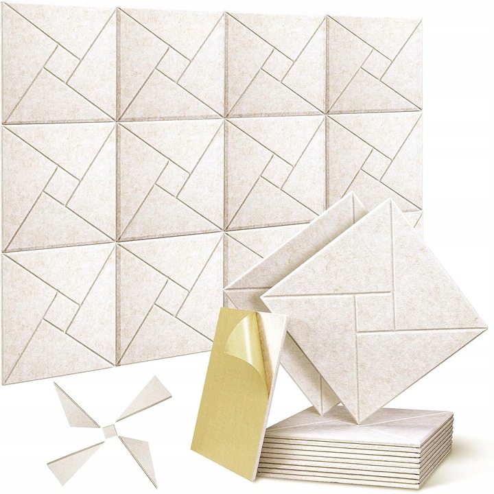 Set panouri acustice Luka, 12 bucati, 30x30x1 cm, autoadezive, model cu motive, culoare camel