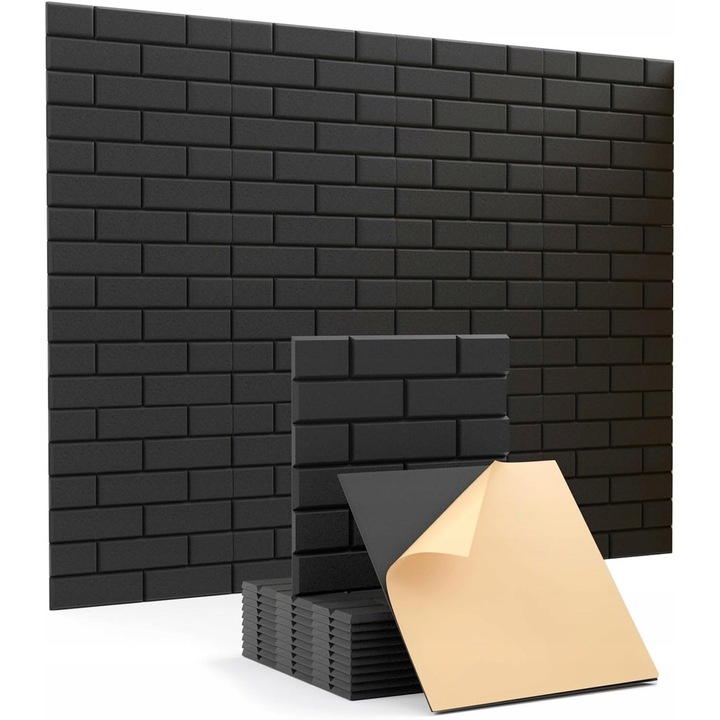 Panouri acustice Luka set 12 bucati autocolante negru 30x30x0,9cm
