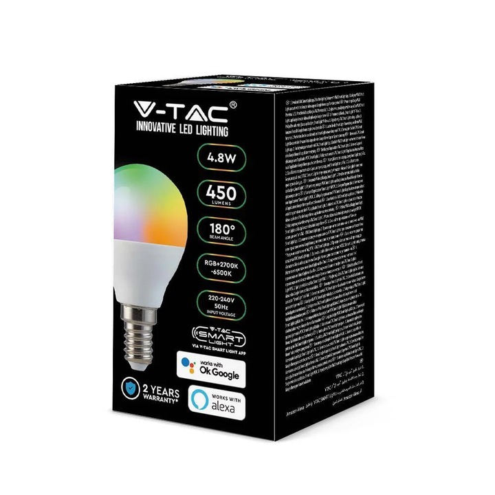 Умна LED крушка 4.8W V-TAC, RGB+CCT(2700-6500K), фасунга E14, сферична, съвместима с Alexa/Google
