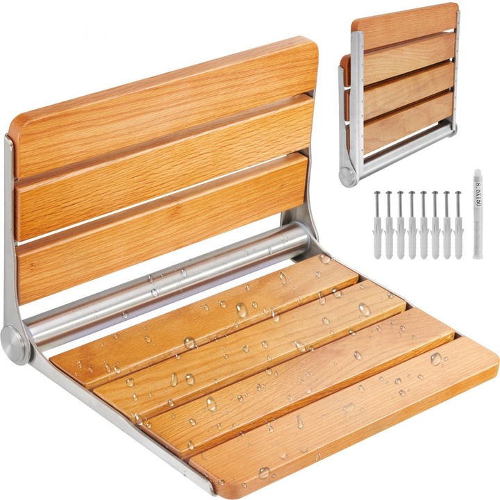 Scaun de Dus Pliabil din Stejar, Dimensiuni 41 x 34 cm, Montat pe Perete, cu Spatar, Capacitate 200 kg