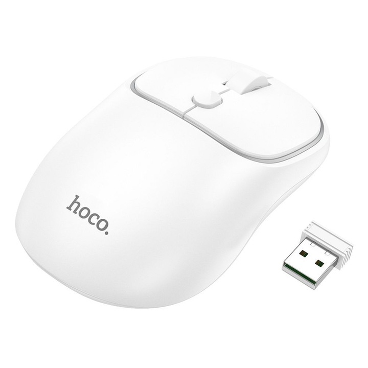 Mouse wireless Hoco, DPI variabil BT5.2 + 2.4Ghz, Receptor USB, Ergonomic, Reglabil 800/1200/1600DPI, Pentru laptop, PC, Mac, Alb