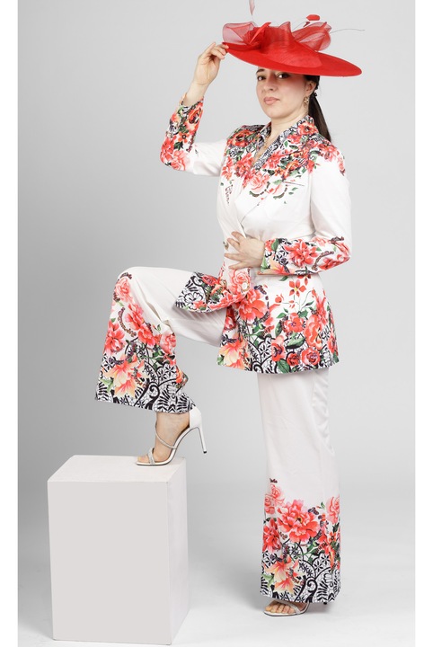 Compleu elegant de vara, 3 piese, inflorat, pantaloni, sacou si vesta, piershop, M