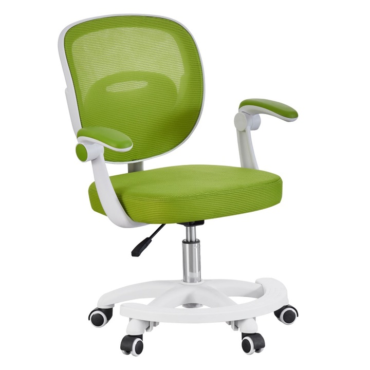 Scaun birou copii DacEnergy, realizat din plasa si plastic, inaltimea reglabila a partii de sezut, suport pentru picioare, cotierele pliabile tapitate, 59 x 50 x 81-91 cm, verde si alb
