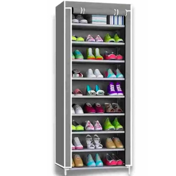 Organizator modular pentru incaltaminte cu rafturi ajustabile si husa textila cu fermoar, ideal pentru hol, dormitor sau dressing, structura rezistenta cu tevi metalice, culoare gri