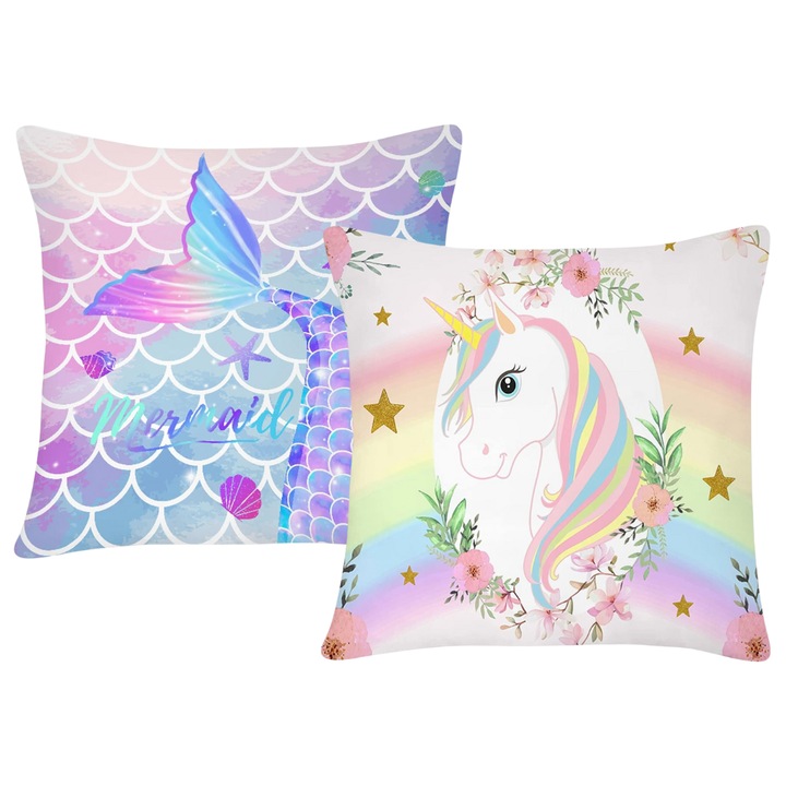 Dekoratív párnahuzat, Lányoknak, Unikornis és sellő, Puha anyag, 2 db, 45 x 45 cm, Rózsaszín