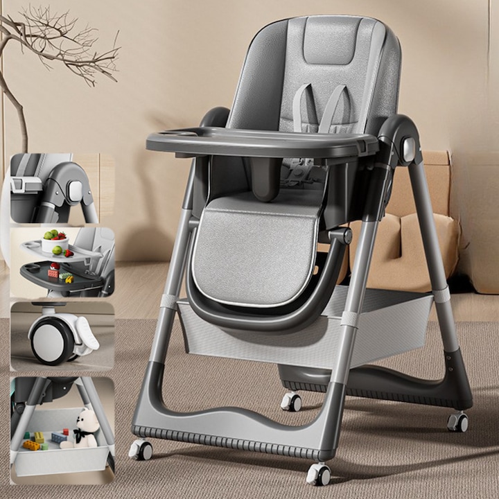 Scaun de Masa Pliabil 3 in 1 pentru Bebelusi si Copii, Qova®, Multifunctional, Reglabil pe inaltime, 4 Pozitii inclinare Spatar, Cu Roti cu blocare, Centura de Siguranta in 5 Puncte, Tava dubla & pozitii multiple, Structura sigura, Loc pentru Depozitare