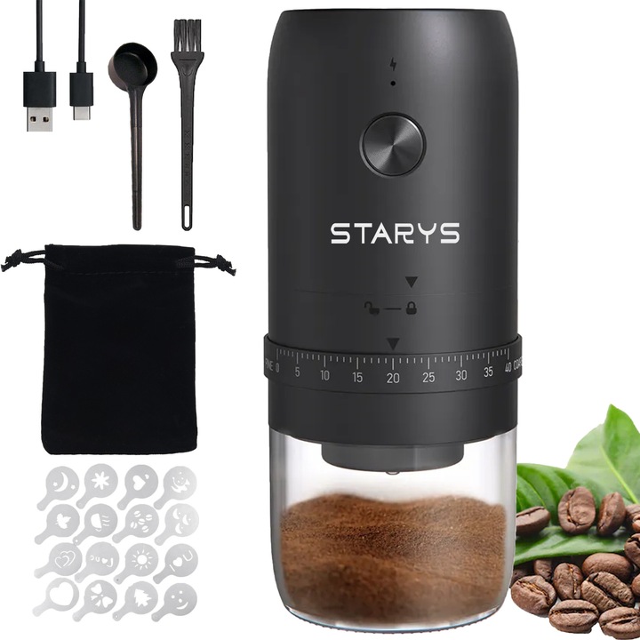 Rasnita cafea Electrica STARYS®, 40 nivele Granulatie Reglabila, Incarcare USB, Husa Protectie, Lingura Dozaj, Perie Curatare + CADOU, Negru