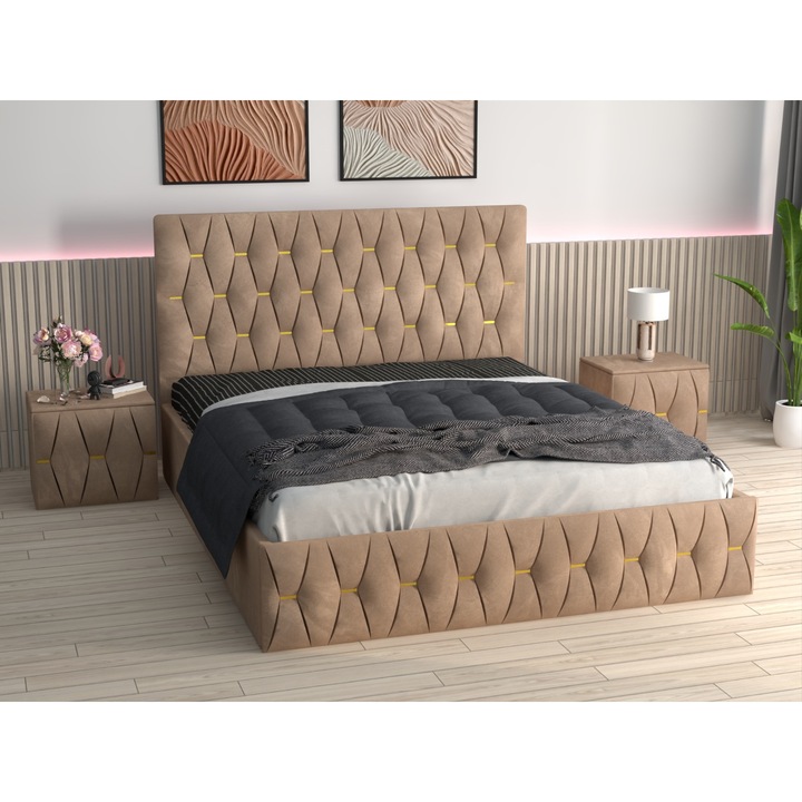 Pat Tapitat Eric Crem 140x200 + Saltea Noptiere Tapitate 140x200, 20cm