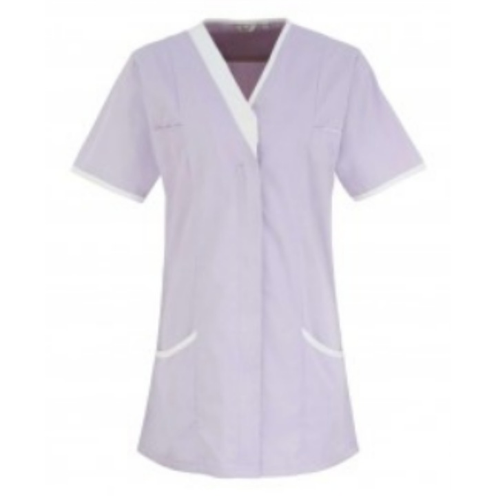 Tunica dama Orchid Beauty and Spa cu guler, maneca scurta, slim fit, Alb Lila, S