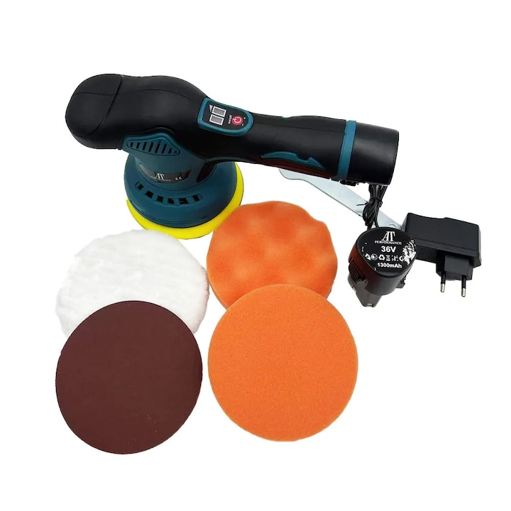Aparat Polish AT PERFORMANCE®, Auto Electric 36V, 2 Acumulatori, Fara Fir, 8 Viteze, 2500–5000 RPM, Portabil, Albastru/Negru