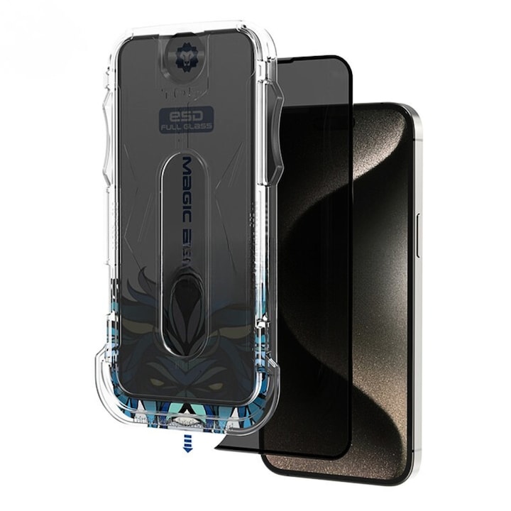 Folie de sticla securizata Privacy 5D, 9H, Compatibila cu Apple Iphone 16 Pro Max, Kit Montare Inclus, Magic Glass ESD