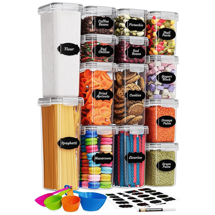 14 darabos Macvi® ételtároló rendszerező/tartály készlet, szivárgásmentes, minimalista dizájn, BPA-mentes, egymásra rakható, címkékkel és kanállal együtt