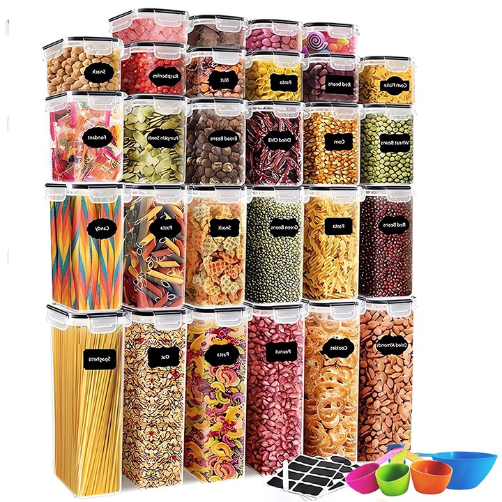 Set 28 Recipiente pentru Depozitare Alimentara Teno®, recipiente pentru bucatarie cu capac, etanse, design minimalist, anti-scurgere, stacabile, fara BPA, pentru frigider/dulap, diverse dimensiuni, etichete si lingurite incluse, transparent