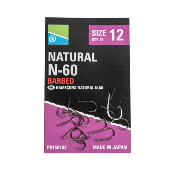 Carlige Preston Natural N-60 Barbed, marimea 10, 15 bucati