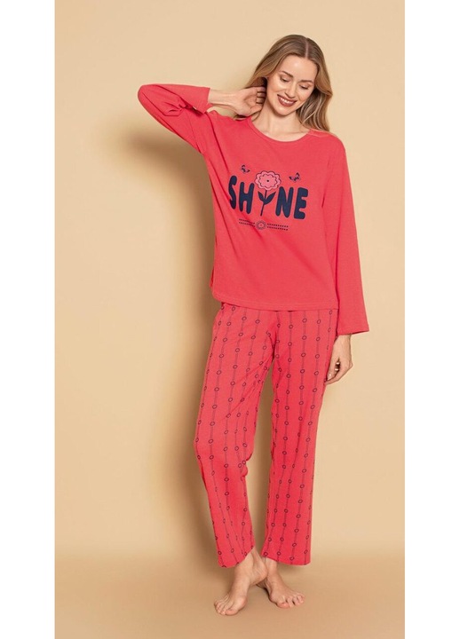 Női pizsama, hosszú ujjú, fényes, pamut, narancssárga, Sárga