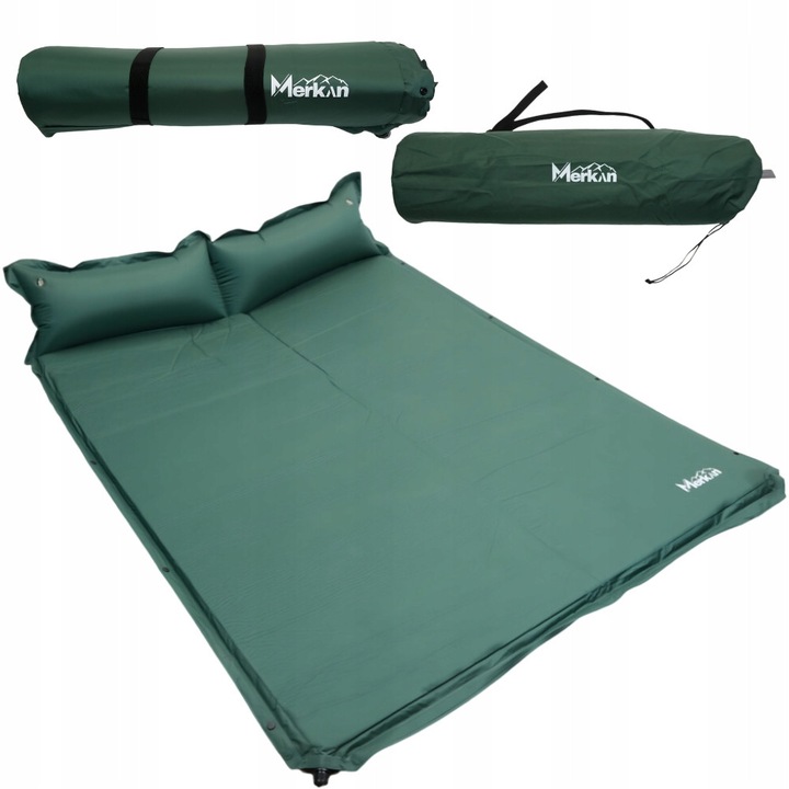 Туристически матрак Merkan, Включена възглавница, Надуваем, Двуместен, 192x132 см, Зелен