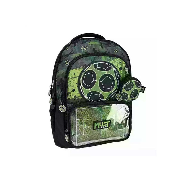 Ghiozdan scolar Must Team Pro Player, design fotbal, 3 compartimente, 32x18x43cm, 25L, polyester 600D, culoare multicolor