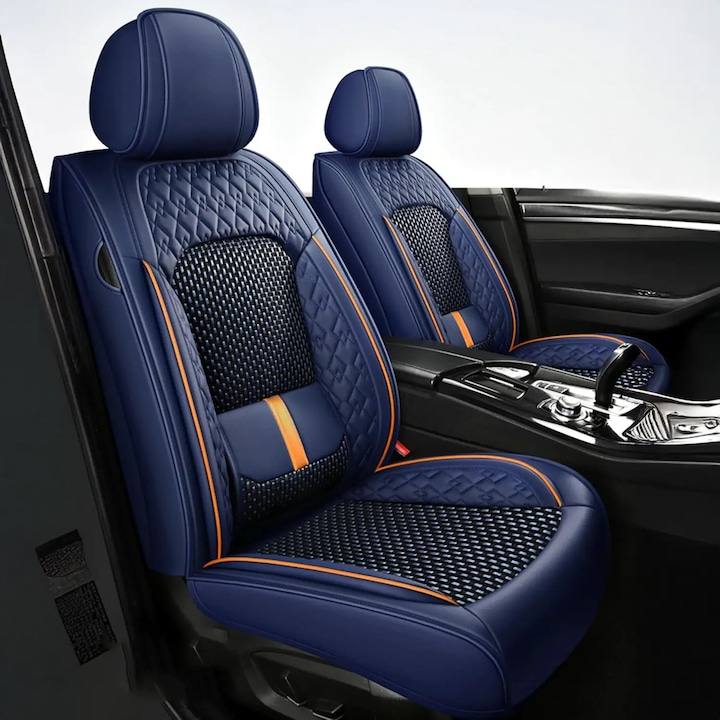 2 db-os Elindor® autósüléshuzat-készlet, öko-bőr/textil, vezetőülés-védelem, gyors összeszerelés, vízálló huzat, háttámla- és üléshuzat, autós belső kiegészítők, univerzális, kompatibilis a VW, Dacia, Renault, BMW, Ford, Skoda, Hyundai gépkocsikkal, kék