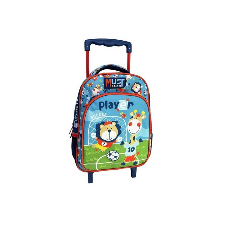 Ghiozdan trolei pentru copii Must Team, design cu lei si girafe, 2 compartimente, 27x10x31cm, polyester, 8L