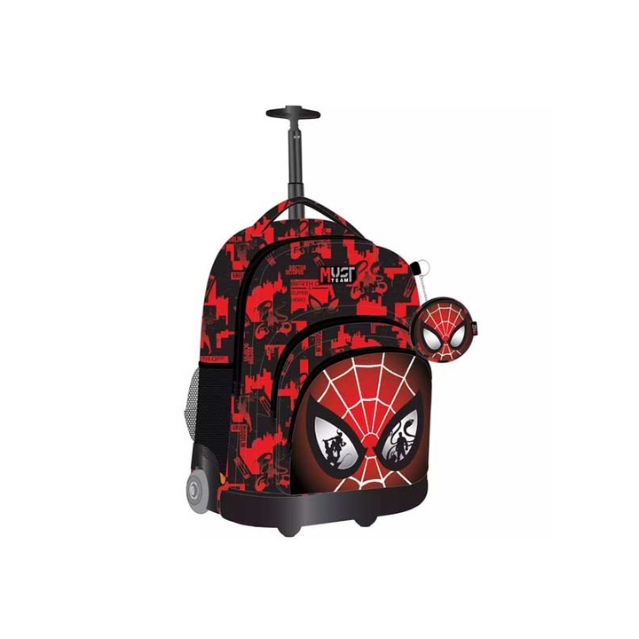 Ghiozdan scolar Marvel Spider-Man Must Team, 3 compartimente, 34x20x44cm, 30L, cu roti si maner telescopic