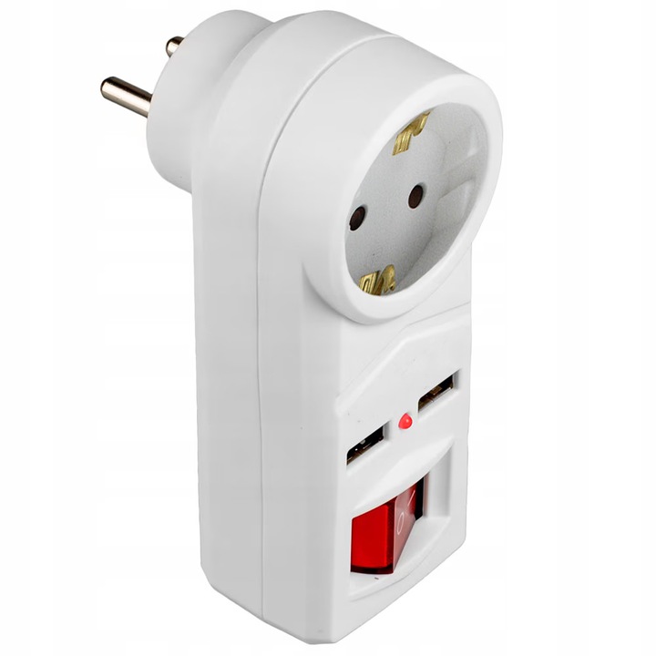 Adaptor priza AndrexNET TS10, 1 priza Schuko, 2 x USB 5V 2.1A, intrerupator, alb