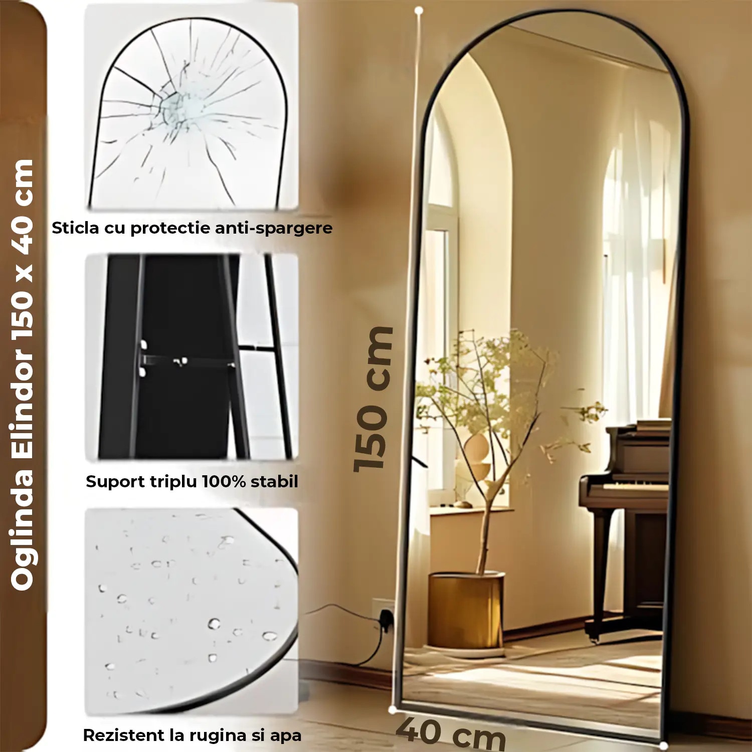 Oglinda de Podea Neagra Elindor® Decorativa, Dreptunghiulara, Verticala ...