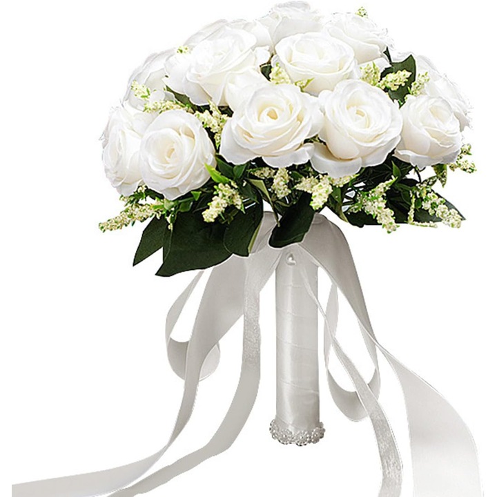 Bridal Bouquet Wedding Artificial Bridal Bouquet White Pearls Bridal Bouquet Wedding Bouquet White Fake Rose Bridal Bouquet, ComResi®, Bridal Bouquet Artificial (25 x 25 cm)