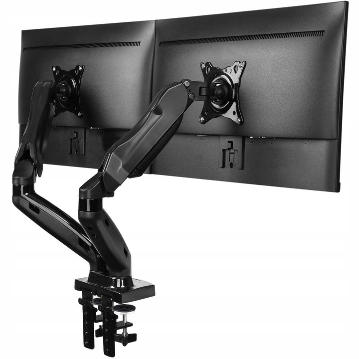 Suport pentru 2 monitoare, Luka, cu brat ergonomic, reglabil, VESA 75x75 mm si 100x100 mm, 13-27 inch, negru, 5,07 kg