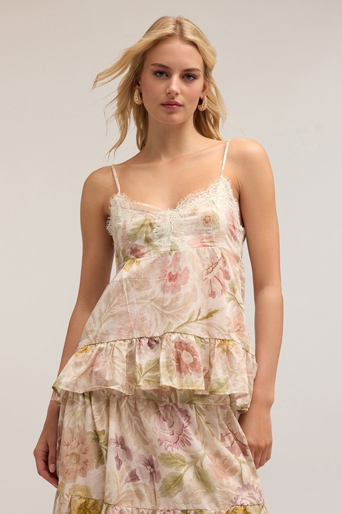 MOTIVI, Top cu decolteu in V si model floral, Verde/Roz, 32